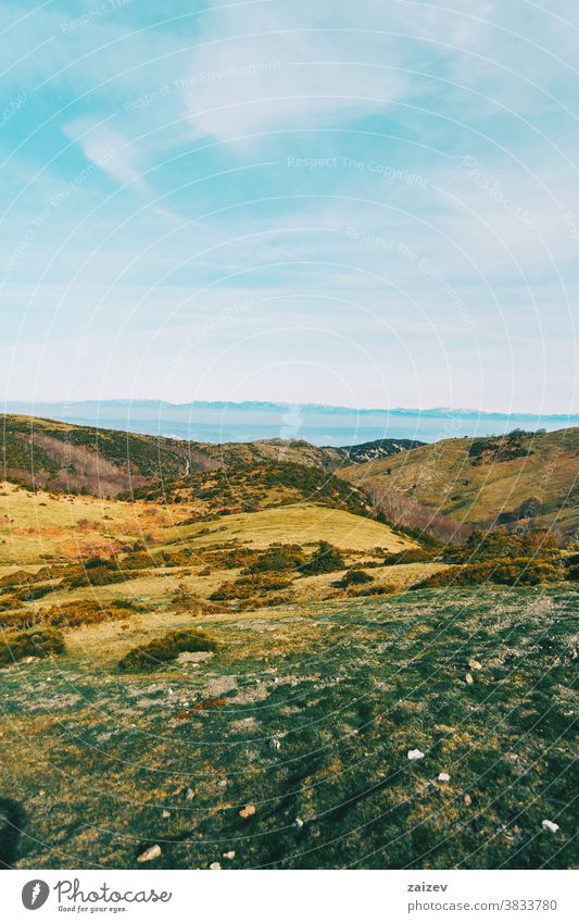 Blick auf eine Landschaft mit einigen gelblichen Hügeln Berge wild Umwelt Natur Vegetation Sträucher grün Gelblich braun Himmel Boden Hintergrund Bäume