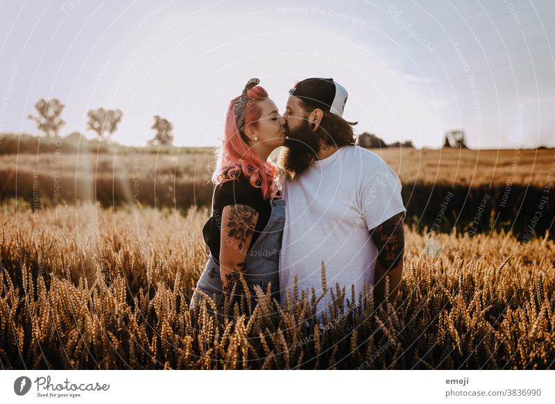 Paar mit Tattoos und pinken Haaren küssen sich Frau Mann Hipster trendy kuscheln innig pinke haare kornfeld Draussen paar liebe verliebt sonnenuntergang