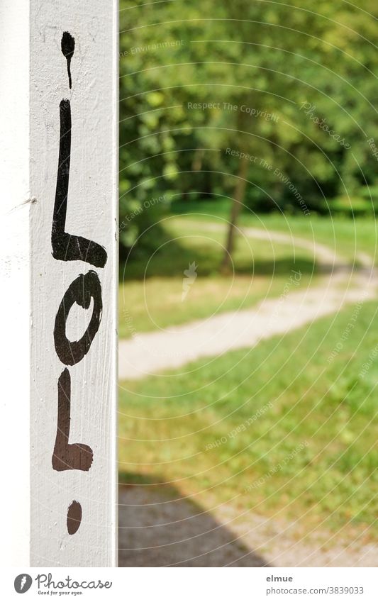 "LOL" ist handschriftlich in schwarz auf weiß gestrichenem Holz in der Mitte eines Parks geschrieben lol Netzjargon Jugend-Sprache lautes Lachen kurz Talkrunde