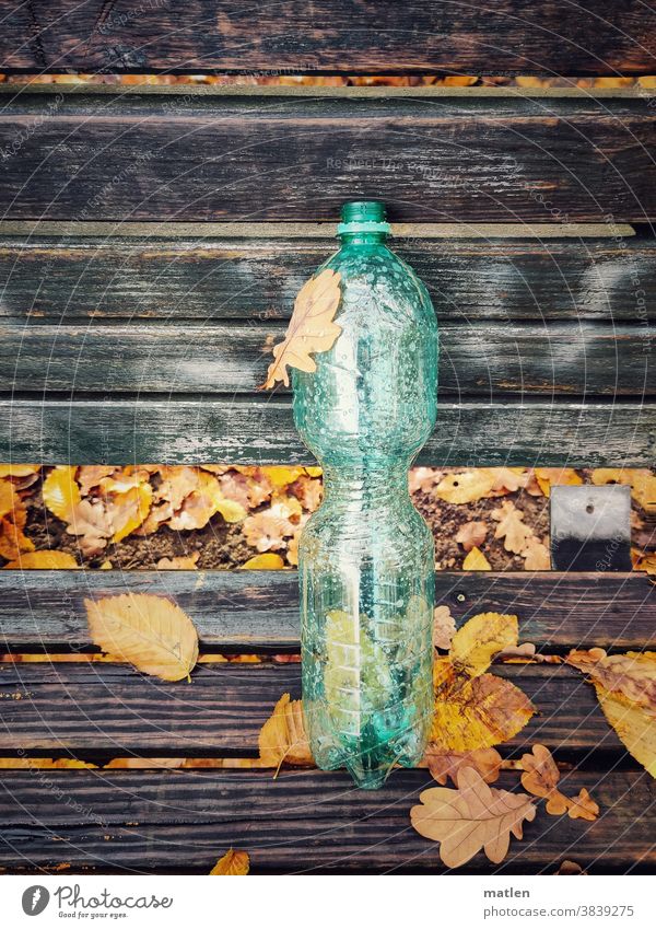 herbstliche Parkbank Herbst Bank Laub Wasserflasche Blätter grün Tag Außenaufnahme Grau Braun Vergessen Farbe Menschenleer Mobil