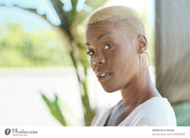 Schwarze Frau steht und schaut in die Kamera sich[Akk] entspannen Spaß haben sonnig benutzend ethnisch schwarz Afroamerikaner Lächeln modern emotionslos lässig