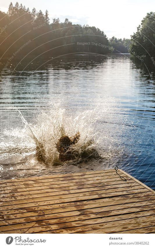 Sommer-Plumpsh Farbe See Fluss springen Wasser Mädchen Frau im Freien Lettland Landschaft Wald Holz gutes Wetter Natur Freiheit Fröhlichkeit Glück Feiertage