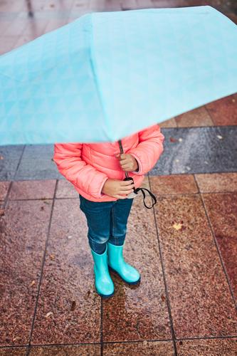 Kleines Mädchen hält großen blauen Regenschirm beim Spaziergang an einem regnerischen Tag regnet im Freien heiter freudig wenig Herbst saisonbedingt fallen