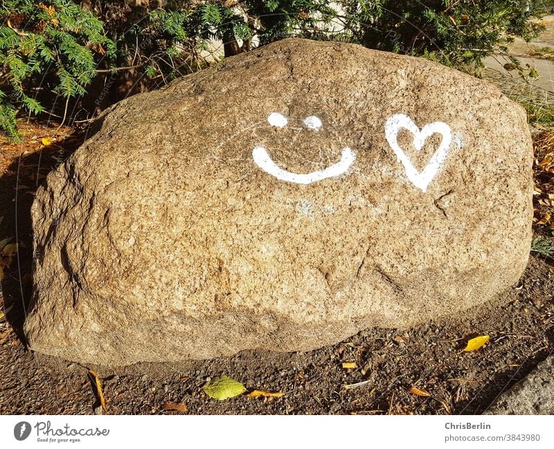 Stein mit Smiley und Herz Gemalt Farbfoto Außenaufnahme schöner Tag Zeichen Menschenleer Fröhlichkeit Lebensfreude Textfreiraum unten Graffiti Lächeln