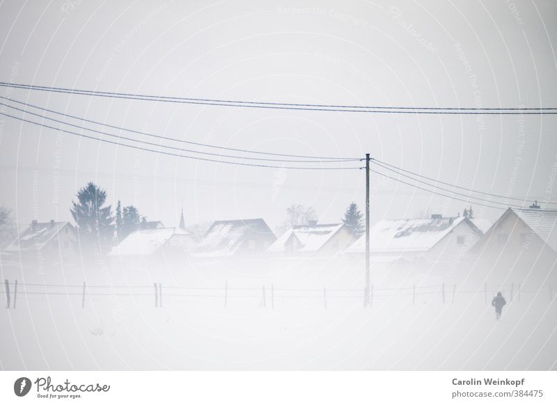 Schneegestöber. Landschaft Himmel Winter Nebel Eis Frost Schneefall Feld außergewöhnlich kalt grau weiß Haus Dorf Deutschland Strommast Kabel Zaun Kindheit