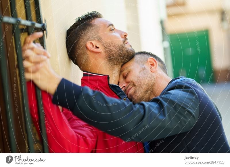Schwules Paar in einem romantischen Moment im Freien schwul Männer Lachen männlich Liebe Homosexualität lgbt lgbtq Partnerschaft Liebespaar Freund Menschen