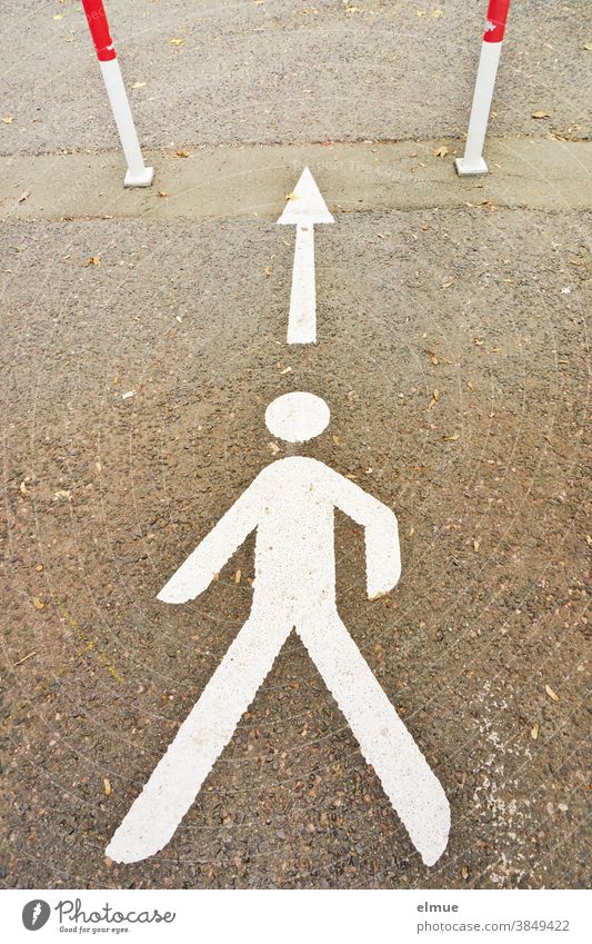 Weißes Piktogramm einer Person auf einem asphaltierten Weg mit Laufrichtungspfeil, der durch zwei rot-weiße Begrenzungsrohre führt Pfeil Richtungspfeil Fußweg