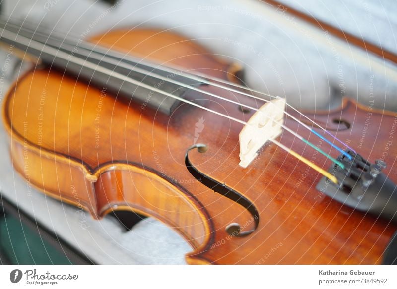 Geige im Koffer Violine Instrument Saite Musik Musiker Musikinstrument Orchester Streichinstrument Konzert Innenaufnahme