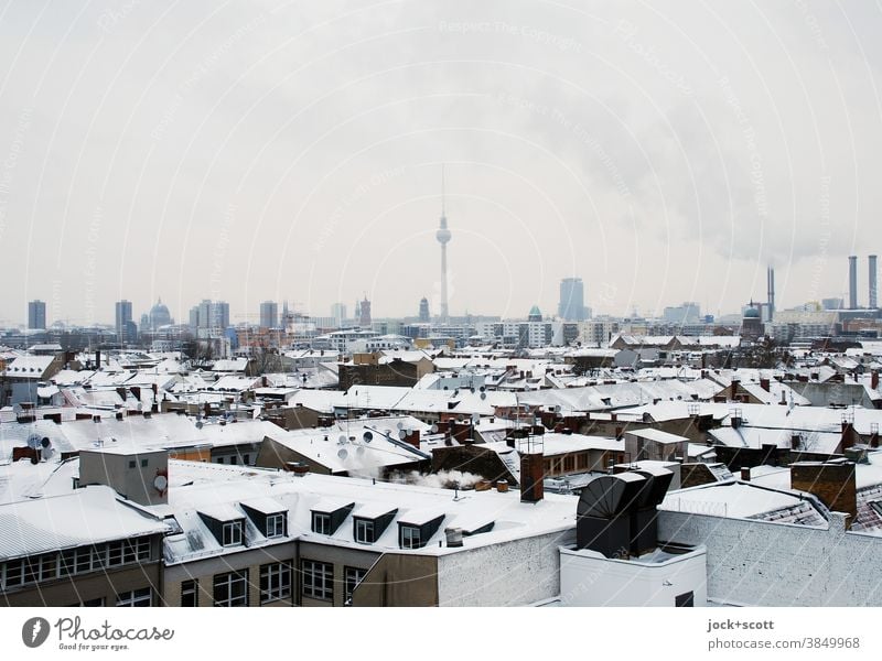 Kälte liegt auf der großen Stadt Dachlandschaft Horizont Kreuzberg Winter Schnee Hauptstadt Berliner Fernsehturm kalt Stimmung Aussicht Silhouette