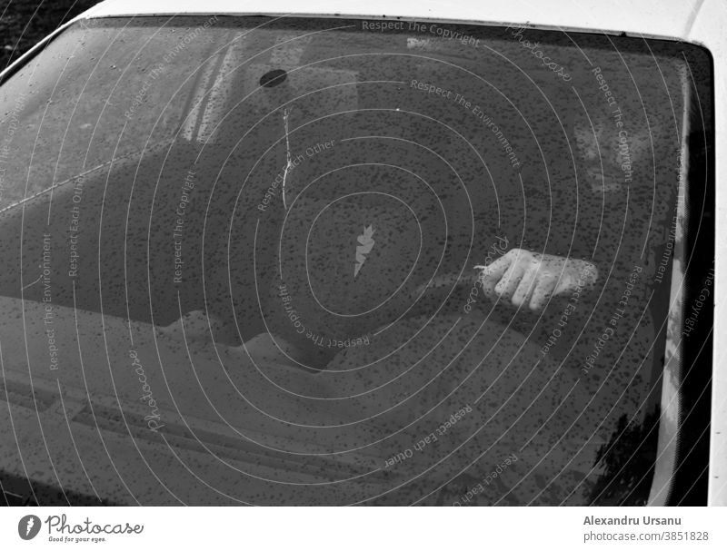 Ein Typ, der ein Auto fährt, Blick aus dem vorderen Fenster. PKW Laufwerk Junge Frontfenster Schwarzweißfoto Stimmung Regen