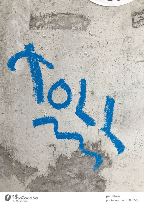Toll steht in blau auf einer betonwand. Begeisterung wort schreiben Schmiererei Jugendsünde buchstabem schrift begeisterung Schriftzeichen Text Graffiti Fassade