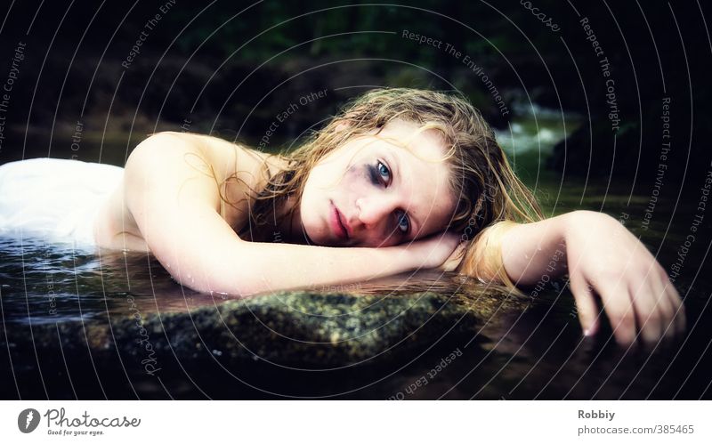 Wassernymphe II feminin Junge Frau Jugendliche Kopf 1 Mensch Natur Felsen Seeufer Flussufer Teich Bach Stein blond liegen Traurigkeit weinen dunkel trashig