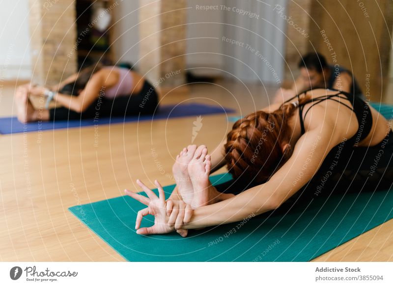Unerkennbare Frau macht Sitzende Vorwärtsbeuge mit Gruppe Yoga beweglich Atelier Lektion Dehnung sitzende Vorwärtsbeuge-Pose Menschengruppe Gesundheit üben