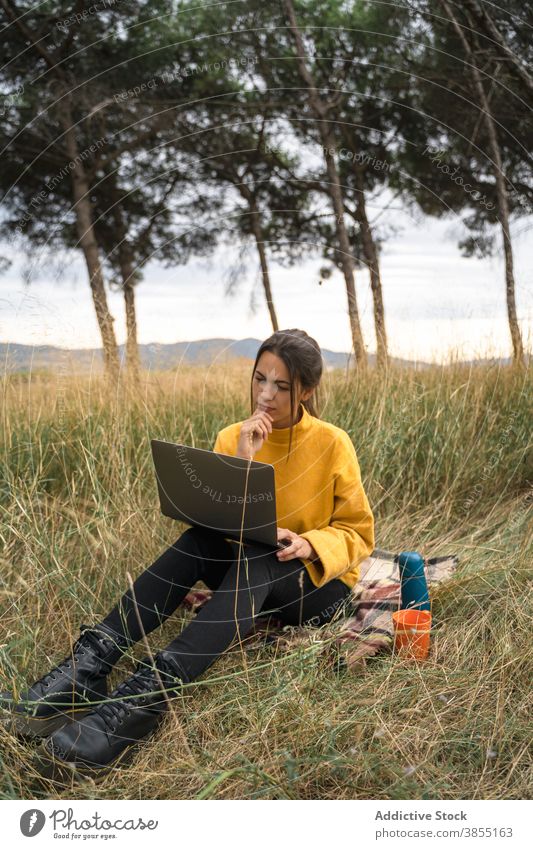 Nachdenkliche Frau arbeitet auf Laptop in Wiese freiberuflich abgelegen Arbeit Feld Landschaft Projekt Herbst Decke Job Internet besinnlich Apparatur Computer