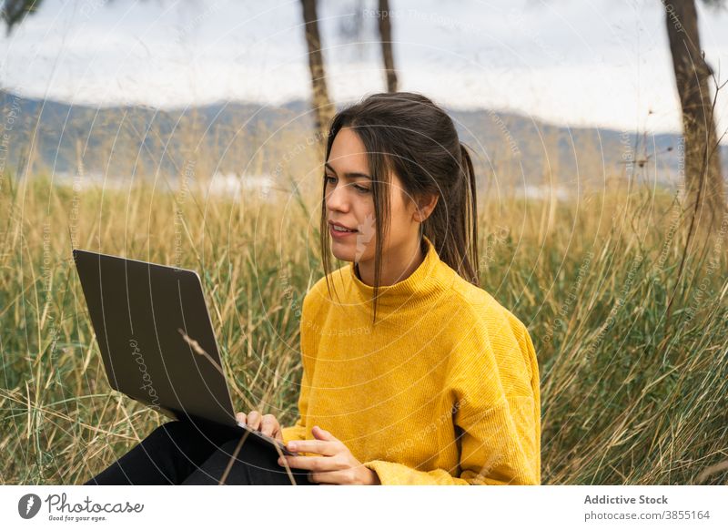 Nachdenkliche Frau arbeitet auf Laptop in Wiese freiberuflich abgelegen Arbeit Feld Landschaft Projekt Herbst Decke Job Internet besinnlich Apparatur Computer