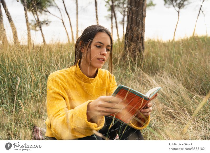 Gelassene Frau liest Buch in Wiese lesen Herbst genießen sich[Akk] entspannen Literatur Etage interessant sorgenfrei Hobby Wissen sitzen friedlich ruhen Roman
