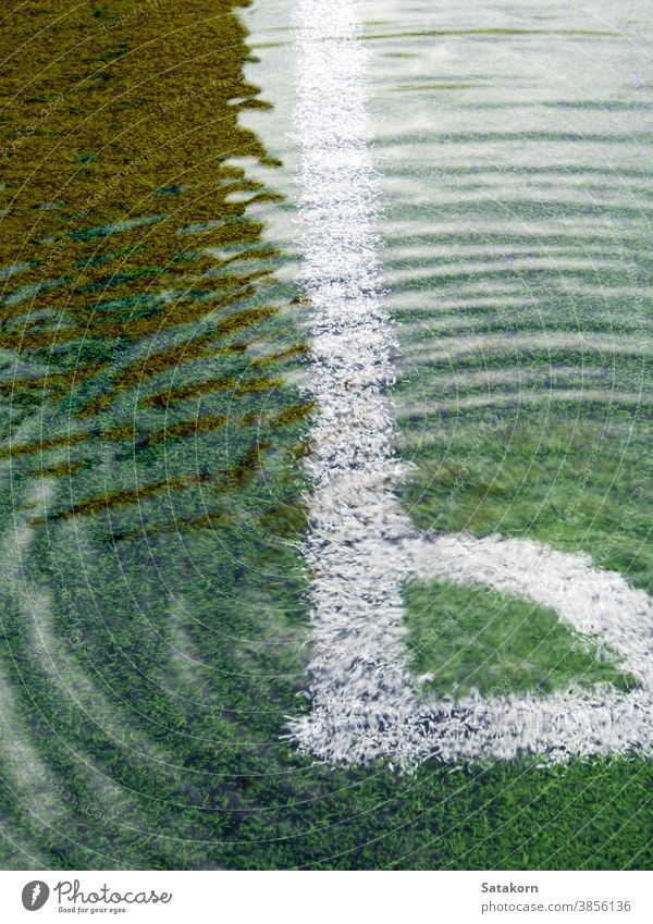 Überschwemmungen auf dem Kunstrasen-Fußballfeld Feld künstlich Gras Wasser fluten Spiel weiß Linie schwarz grün Sport Umwelt Freizeit Aktivität nass Übung