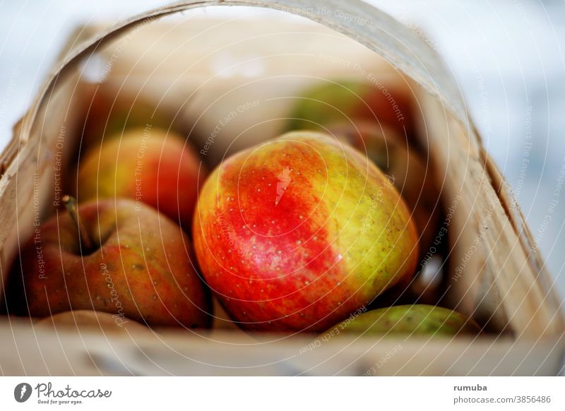 Äpfel im Korb Farbfoto Außenaufnahme Textfreiraum oben Tag Schwache Tiefenschärfe Frucht Apfel Ernährung genießen Gesundheit lecker Bioprodukte sauer Büffet