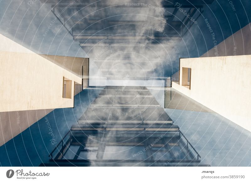 Froschperspektive | Wohnkomplex abstrakt Doppelbelichtung Zukunft Perspektive Fassade Architektur aufstrebend modern Design Stil außergewöhnlich himmelwärts