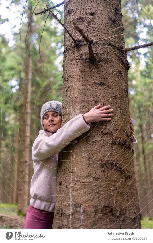 Frau umarmt Baum im Wald Umarmung Umarmen sorgenfrei genießen Natur Reisender Freiheit Kofferraum ruhig idyllisch Tourist Windstille Wälder Tourismus Feiertag