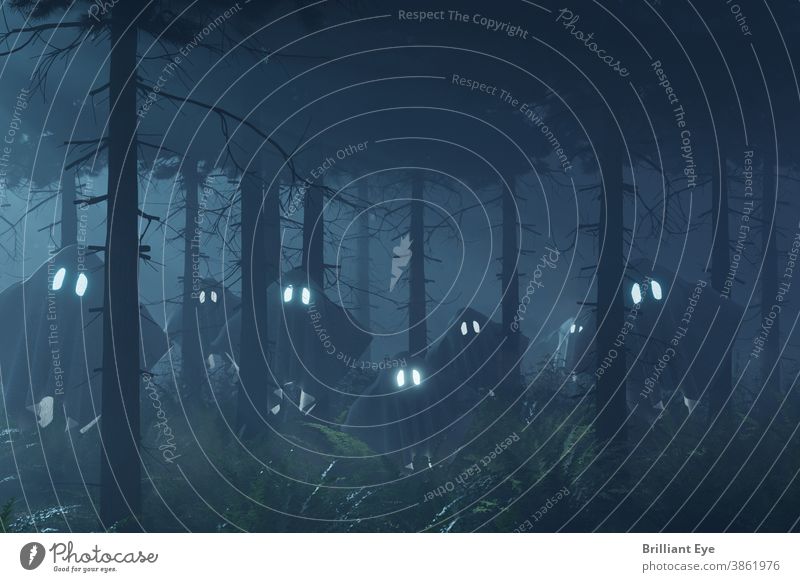 dunkler Wald umgeben von fliegenden Gespenstern mit leuchtenden Augen Nebel Rendering Natur geheimnisvoll Mond gespenstisch Herbst Spuk Atmosphäre 3d Alptraum