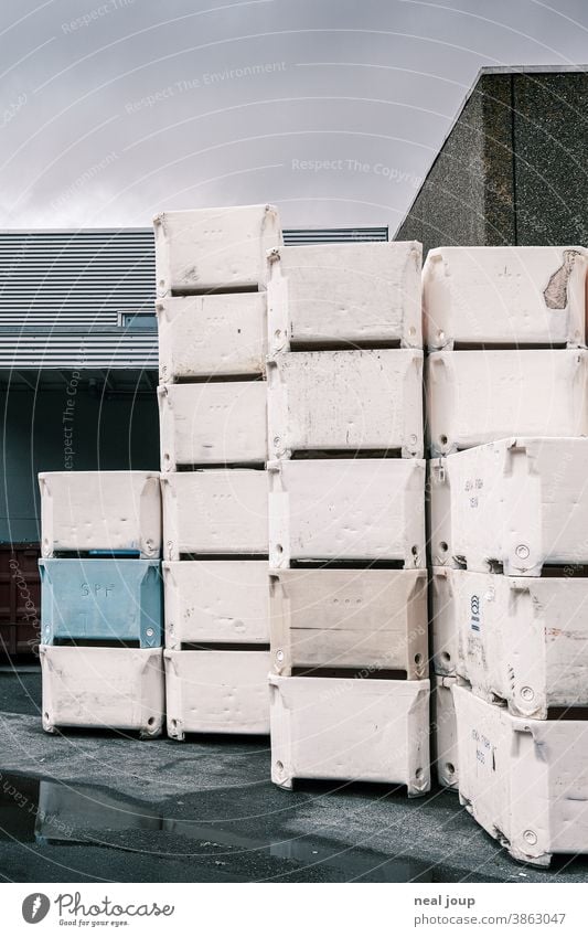 Gestapelte Styroporboxen im Lager am Hafen Fischerei Industrie Lagerhalle Behälter Kiste weiß blau grau Außenaufnahme Güterverkehr & Logistik Wirtschaft Ware