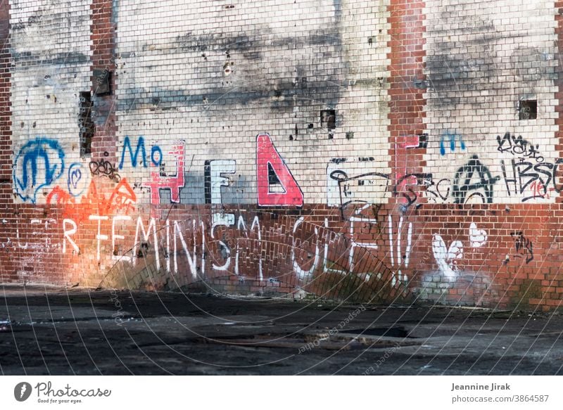 Feminismus in Backstein - Beelitz Heilstätten Schrift Buchstaben Wand Graffit Graffiti Menschenleer Farbfoto Fassade femininity Mauer Typographie Text