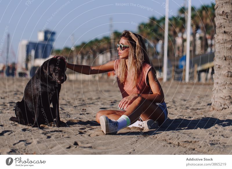 Frau mit süßem Hund am Strand Sonnenuntergang sorgenfrei Kraulen Zusammensein Meeresufer Freundschaft labrador retriever Ufer bezaubernd schwarz Tier Haustier