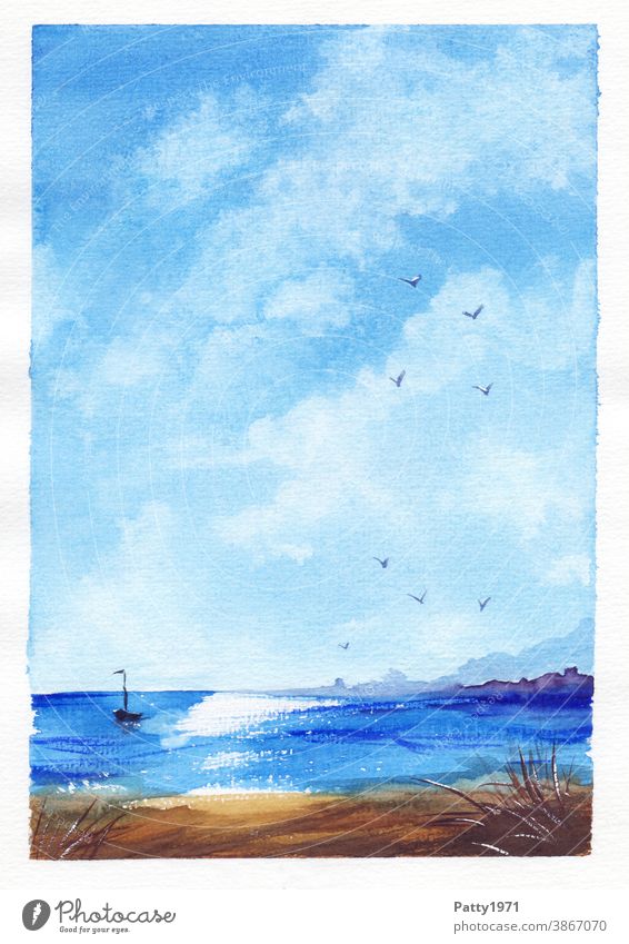 Aquarellmalerei. Meeresstrand mit kleinem Segelboot und blauem Wolkenhimmel Kunst Wasserfarbe Kreativität Strand Himmel Menschenleer malen ruhig Malerei Fernweh