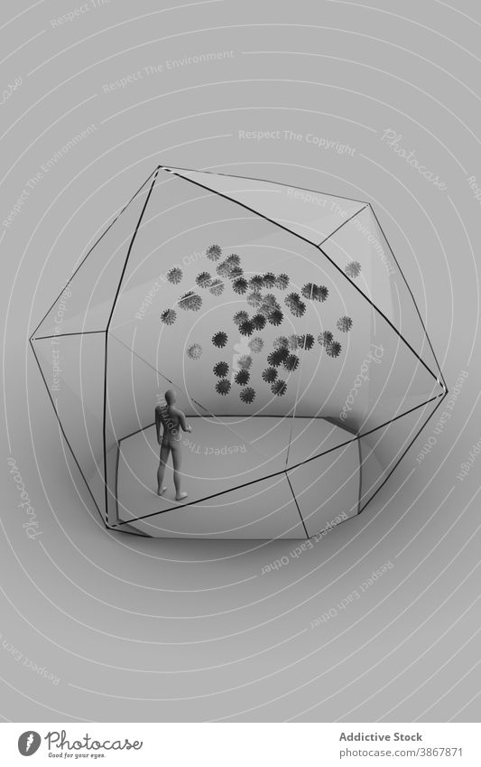 3d Design mit Mann im Inneren Glas Polyeder mit Zellen Virus Konzept abstrakt Figur Grafik u. Illustration florarium durchsichtig Form Gefahr Umwelt