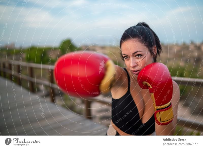 Fit Frau Boxen während des Trainings auf der Böschung Boxer Übung Handschuh Fausthandschuh Sport Athlet Boxsport Sportlerin aktiv Kraft Stärke Aktivität passen