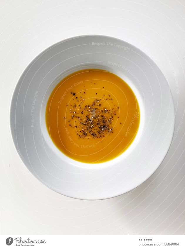 Kürbissuppe in minimalistisch Teller orange Suppe Herbst Lebensmittel Vegetarische Ernährung Farbfoto Gesundheit Menschenleer Mittagessen Studioaufnahme lecker