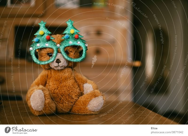 Ein Teddybär mit Tannenbaum-Brille. Konzept Weihnachten mit Kindern. teddybär Kuscheltier Kindheit weihnachtlich Mütze Weihnachten & Advent Bär Stofftier