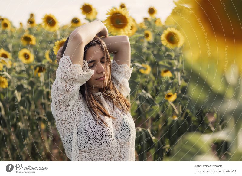 Anmutige Frau im Sonnenblumenfeld Feld genießen Natur Blume sorgenfrei ruhig Sommer Wiese Blütezeit sich[Akk] entspannen Windstille Augen geschlossen friedlich