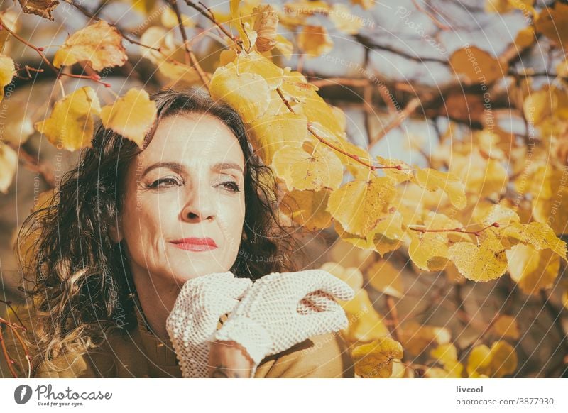 womang zwischen gelben Blättern Frau retuschieren Behaarung Park Garten Gelblich Lifestyle reif Porträt eine Person Baum Mantel gelber Überzieher Szene