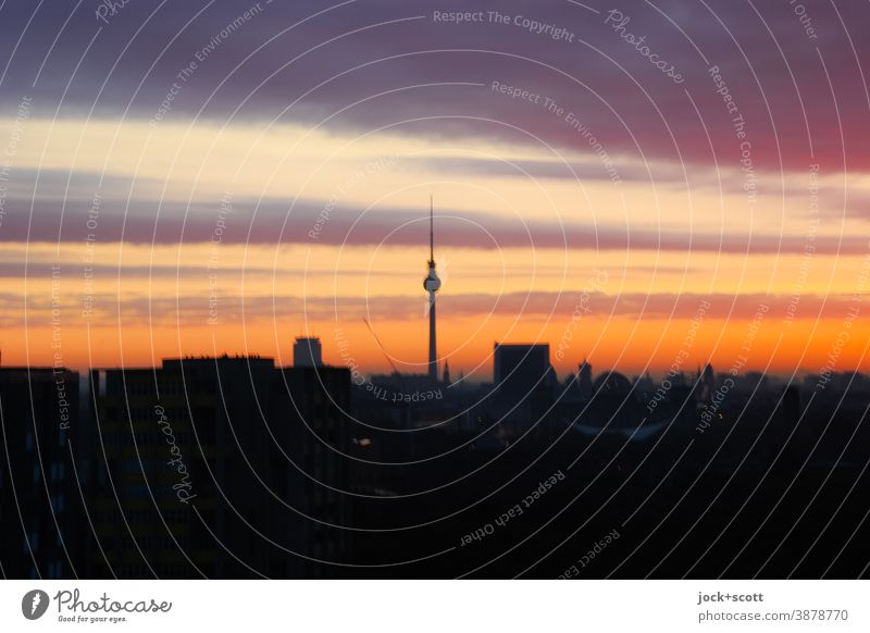 Abendrot über der Großstadt Hauptstadt Berliner Fernsehturm Hintergrundbild Lichterscheinung Sonnenuntergang Panorama (Aussicht) Silhouette Low Key Wahrzeichen