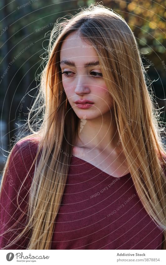Langhaarige junge Frau schaut in die Kamera im Park lange Haare blond selbstbewusst modern Herbst Porträt natürlich Teenager Stil tausendjährig Behaarung
