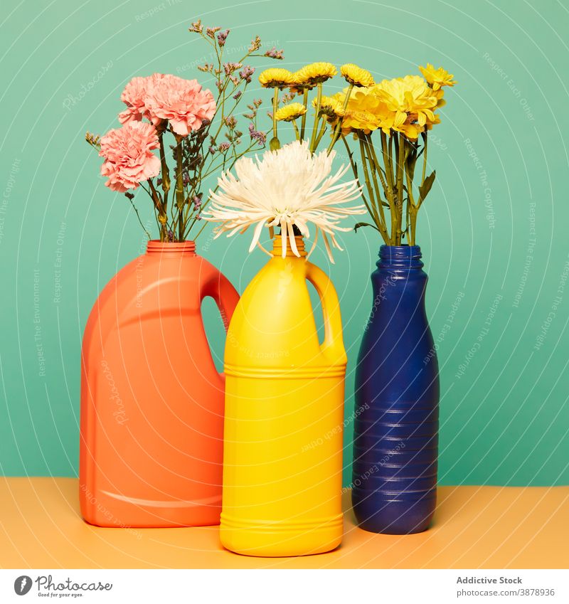 Frische Blumen in Plastikflaschen im Studio Kunststoff Flasche wiederverwenden umweltfreundlich sparen Ökologie Haufen Blumenstrauß Container natürlich Pflanze
