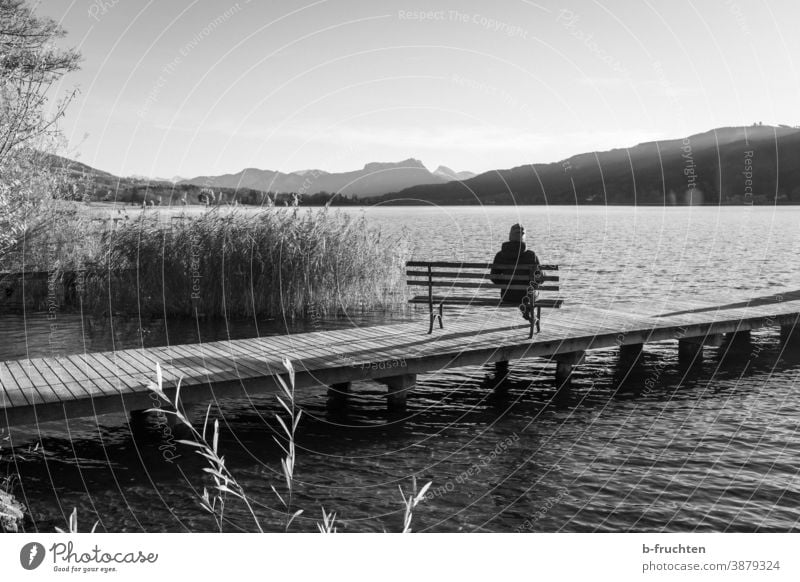 Frau mit Mantel und Mütze sitzt auf einer Parkbank auf einem Steg. Erholung Außenaufnahme Pause Natur sitzen Herbst Einsamkeit ruhig Wasser See Holzsteg warten