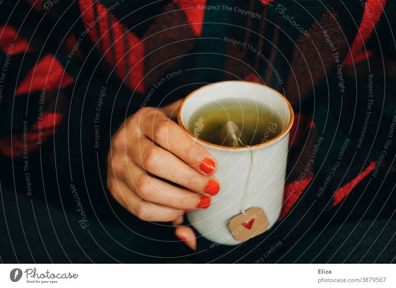 Frau mit rot lackierten Fingernägeln hält eine Teetasse, der Teebeutel hat ein Etikett mit rotem Herzchen drauf. Tee trinken Tasse gemütlich Wärme Winterzeit