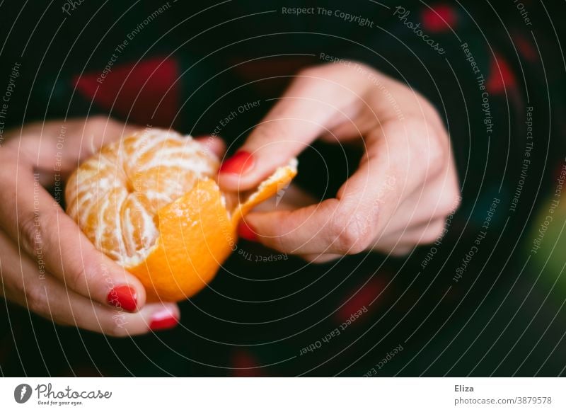 Hände einer Frau schälen eine Mandarine Nagellack Obst süß frisch lecker Vitamin V orange Clementine Zitrusfrucht roter Nagellack Frucht Winter saftig