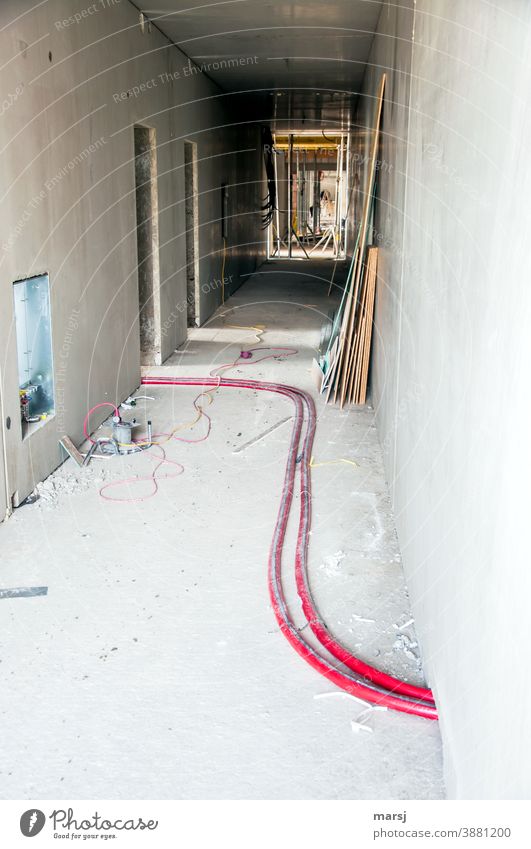 Der rote Faden ist auf einer so großen Baustelle immer wichtig rosa Leitung Wasserrohr Kabel Arbeitsplatz Wand Wandel & Veränderung