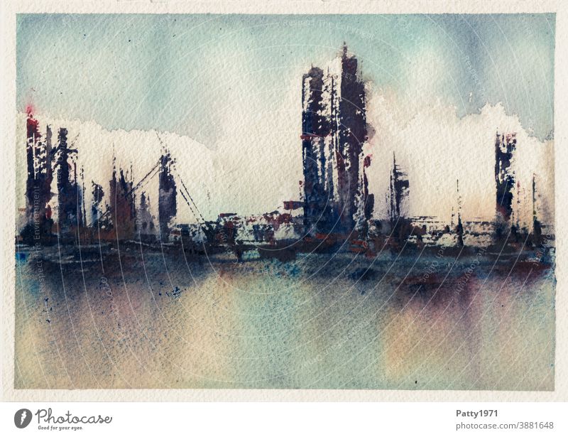 Aquarellmalerei. Abstrakte Skyline/Hafen mit Wasserspiegelung Kunst abstrakt Ölhafen düster Spiegelung Farbe Ölfilm Strukturen & Formen Hintergrundbild Stadt