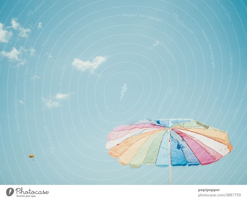 Sonnenschirm mit Paragleitschirm im Hintergrund Bunt Fallschirm Fallschirmspringer Himmel blau Außenaufnahme Freiheit Farbfoto Freude Sport fliegen