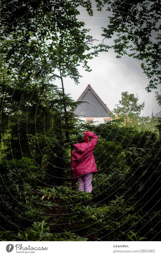 Kind sucht Kleinkind rot Regen Regenjacke Herbstbeginn Spätsommer Wald Haus Garten grün Natur spielt Kindergarten verstecken Spielen