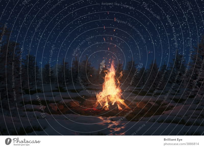 großes Lagerfeuer in der verschneiten Natur und vor wunderschönem Sternenhimmel abstrakt Abenteuer lodernd blau Freudenfeuer hell Brandwunde Nahaufnahme