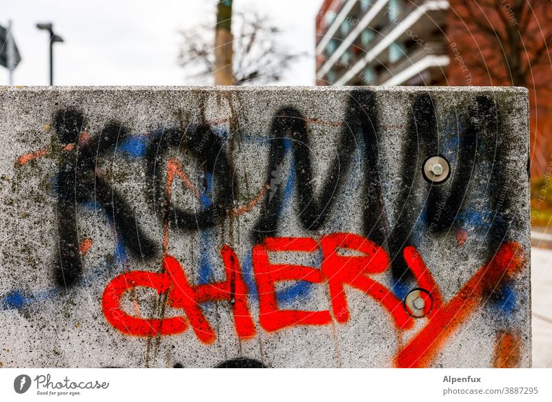 come together | Farbkombination Graffiti kommen Außenaufnahme Chery cherie cherry Liebling Orgasmus Farbfoto rot Schriftzeichen Menschenleer Mauer Wand Liebe