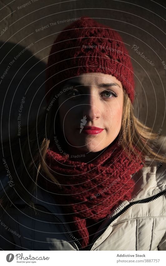 Charmante Frau in warmer Kleidung auf der Straße warme Kleidung Oberbekleidung rot kalt Saison Schal Hut charmant Großstadt Winter Inhalt jung stehen