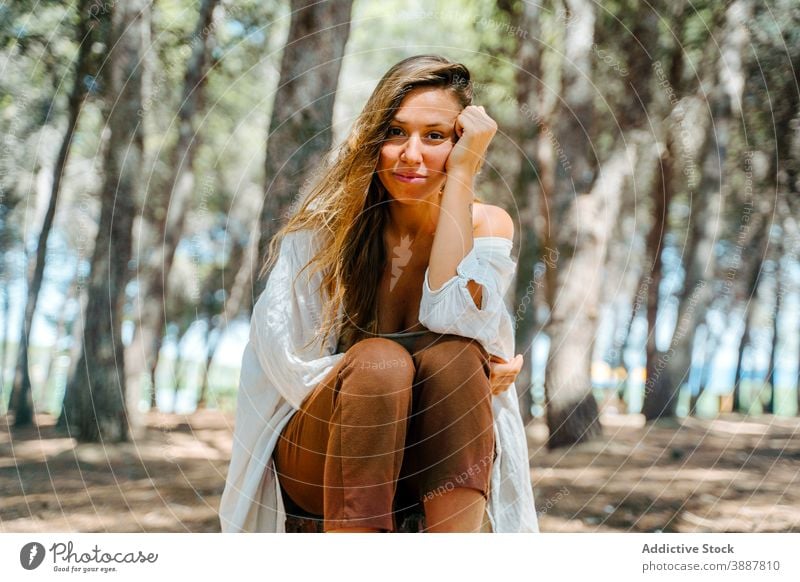 Lächelnde Frau sitzt im Wald im Sommer Hipster Natur sorgenfrei ruhig sanft Inhalt sich[Akk] entspannen Wälder sonnig genießen sich auf die Hand lehnen Umwelt