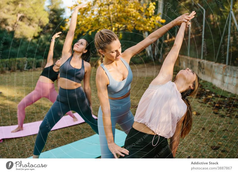 Lehrer hilft Frau während Yoga-Praxis im Park Ausbilderin Frauen Hochsitzender Halbmond-Longierschritt Hilfsbereitschaft Asana Pose üben Menschengruppe Wellness